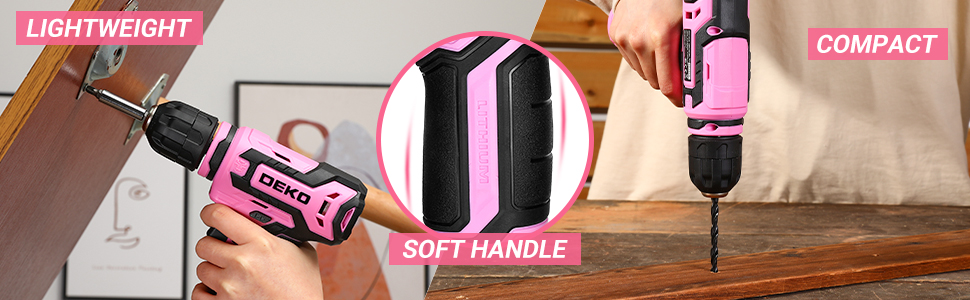 Pink cordless drill in use, highlighting features: lightweight, compact, and soft handle. Multiple panels show the drill in action on wood surfaces.