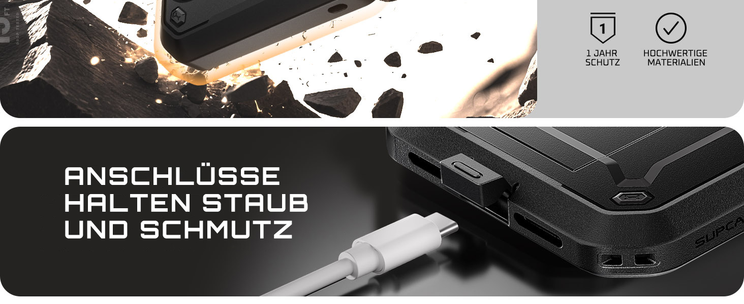 Der Text lautet "ANSCHLUSSE" και "HALTEN STAUB UND SCHMUTZ". Zeigt ein schwarzes Schutzgerät oder eine schwarze Hülle mit technischen Daten.
