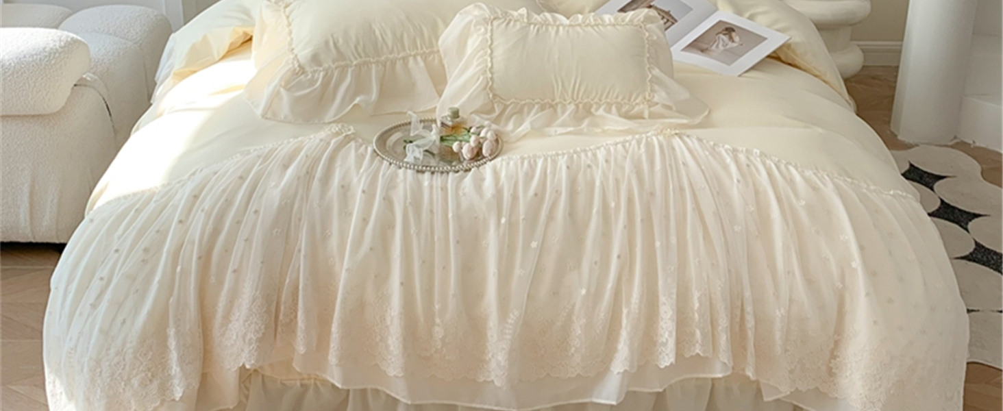 IHOUSTRIY Lace Duvet Cover Full Size, Chiffon Ruffled