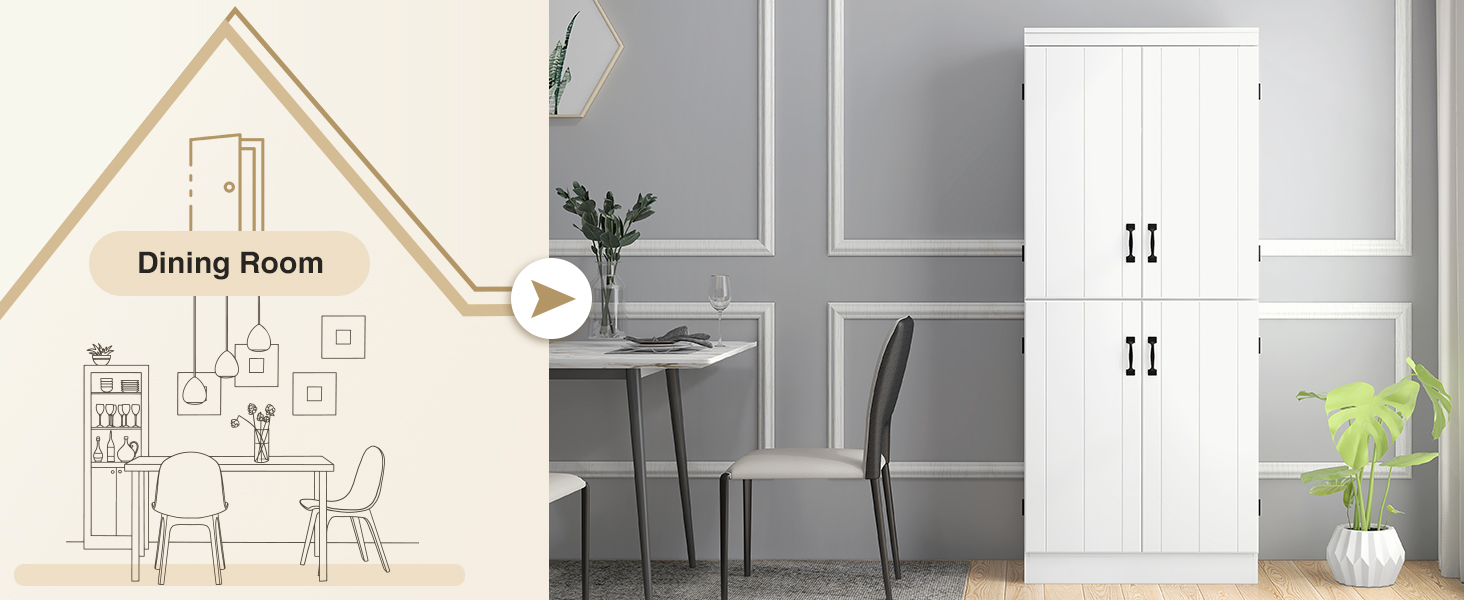 4Door Tall Kitchen Cupboard, Freestanding 6Tier Storage