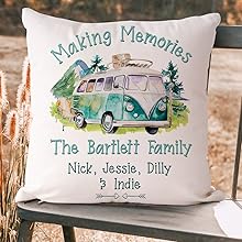 Personalised campervan family cushion cover shown outside