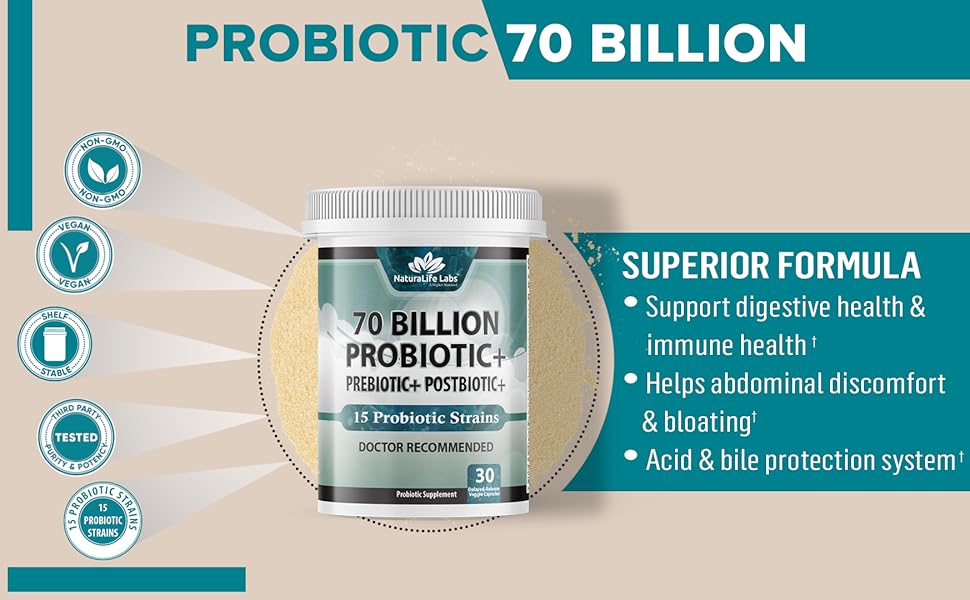 Probiotics 70 Billion CFU 15 Probiotic strains + Organic Prebiotic+ Postbiotic 3