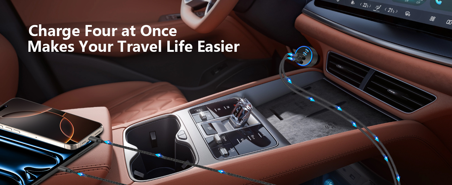 Car Charger USB C 90W PD Dual USB-C + USB-A Car Power Adapter Type C Car Charger Cigarette Lighter