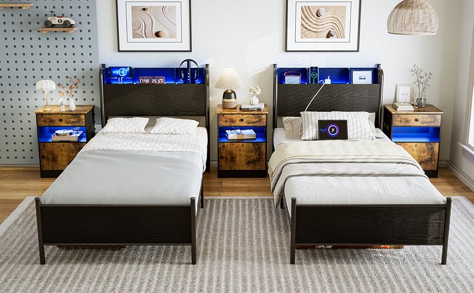 AOVSA Twin XL Bed Frames with LED Lights and Charging