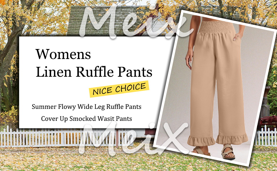 Ruffle Pants Women Elastic High Waisted Linen Pants with