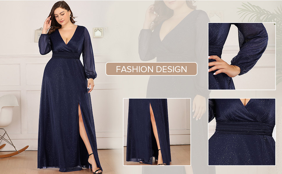 Leg Slit V-Neck Sparkle Plus Size Evening Party Dress