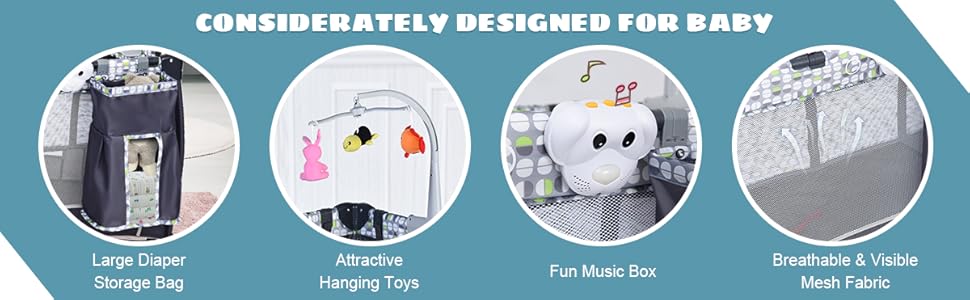 DREAMADE 3 In 1 Lettino Da Campeggio Per Bambini, Letto Pieghevole Con Fasciatoio, Giocattolo Appeso E Carillon, Culla Co-Sleeping Per Bambini Tra 0-36 Mesi (Pink) 13 02