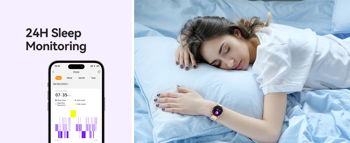Split image showing smartphone with sleep monitoring app interface and smartwatch user resting, demonstrating 24H sleep tracking functionality.
