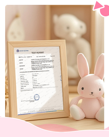 Document in wooden frame displayed with decorative white plush bunny toy beside it.