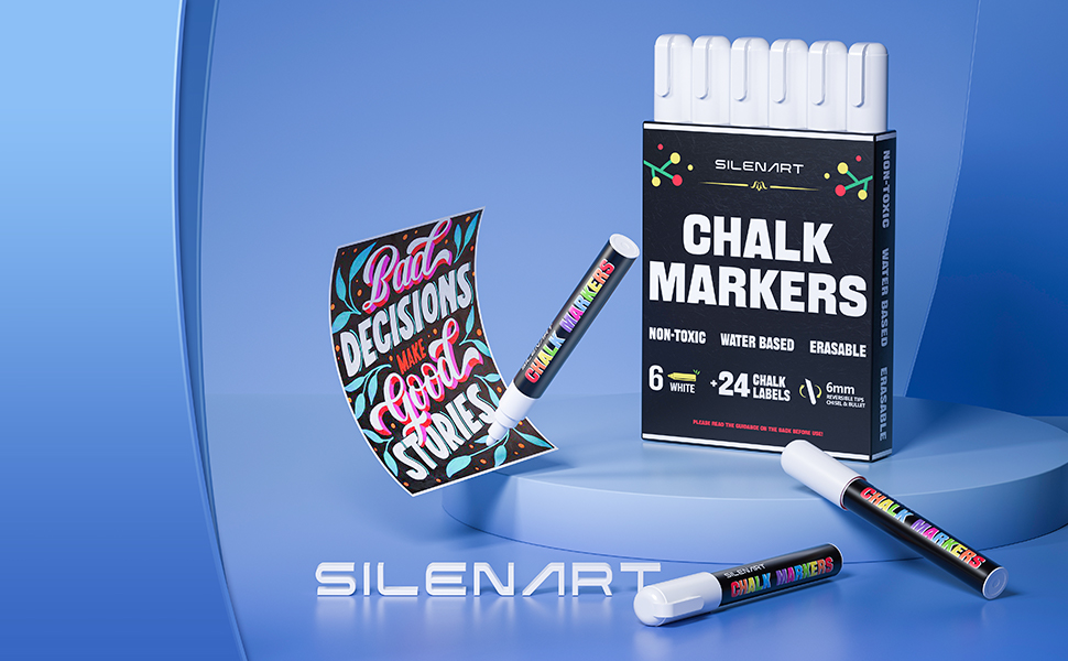 SILENART White Chalk Markers 6 Pack Liquid Chalk Pen
