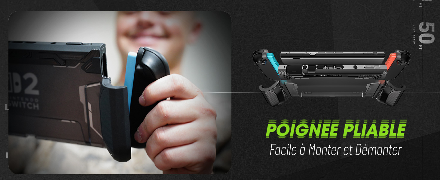 Le texte indique « POIGNÉE PLIABLE » (poignée pliable). Séquence montrant l'installation d'un tapis matelassé gris dans ce qui semble être un espace de rangement pour véhicules.