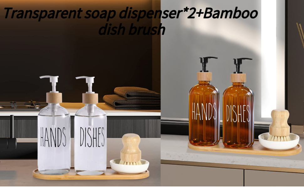 MIFXIN 2 Pack Glass Soap Dispenser Set with Tray and Bamboo Dish Brush