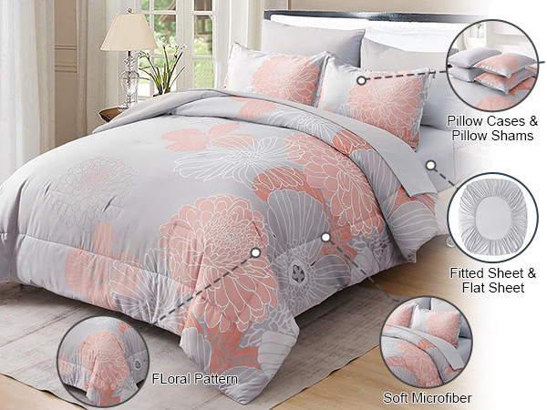 Amazon.com: Yiran 7 Pieces Blush Grey Comforter Set Floral Bed in Amazon.com: Yiran 7 Pieces Blush Grey Comforter Set Floral Bed in
