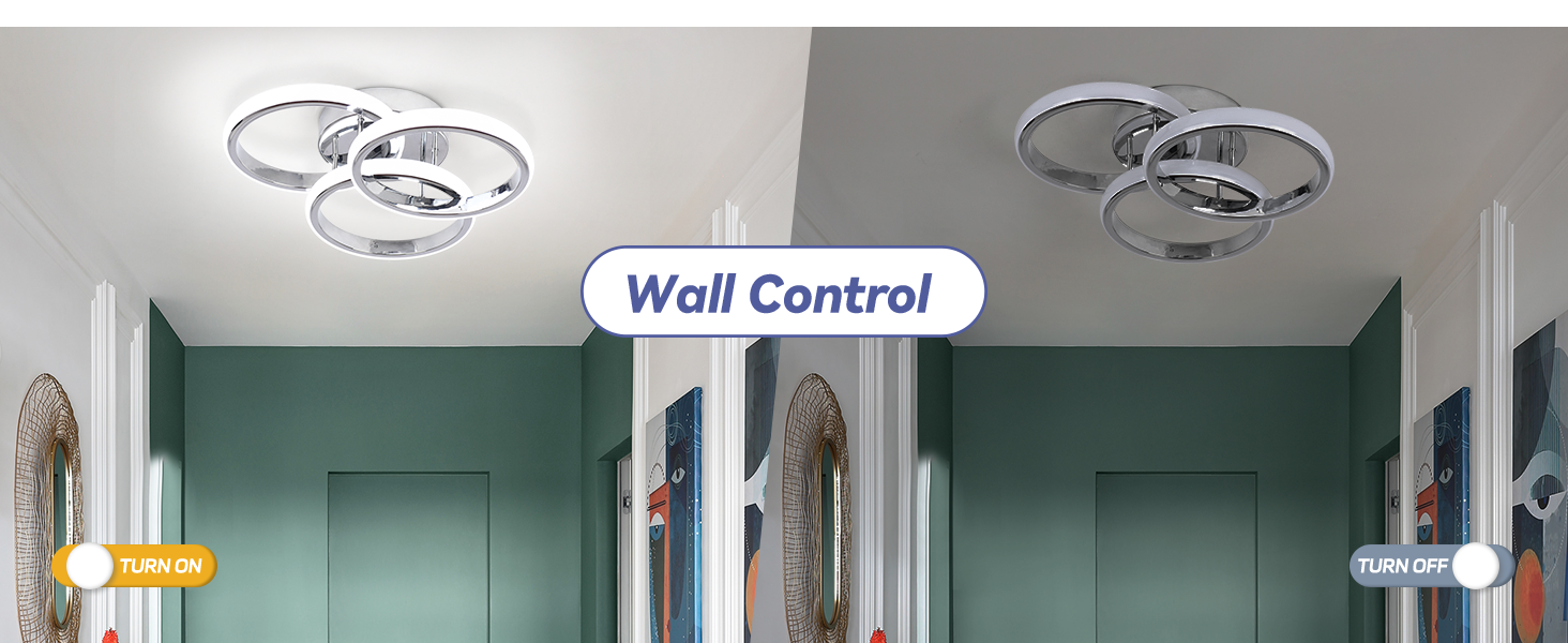 Side-by-side comparison of ceiling light fixtures. Left shows traditional lights, right shows smart lights with 'Wall Control' text, demonstrating remote operation.