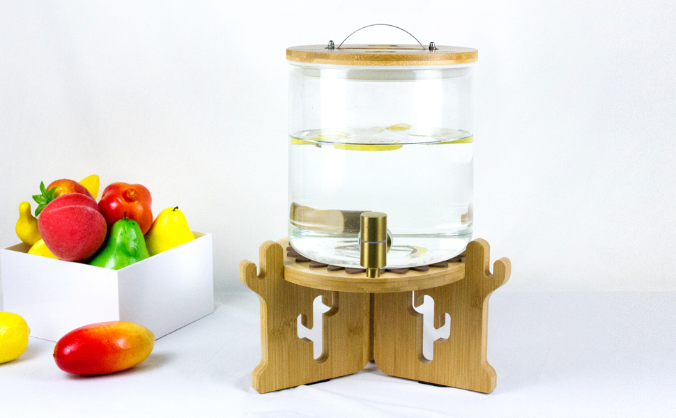 Kcgani Bamboo Water Beverage Dispenser Stand, Glass Water