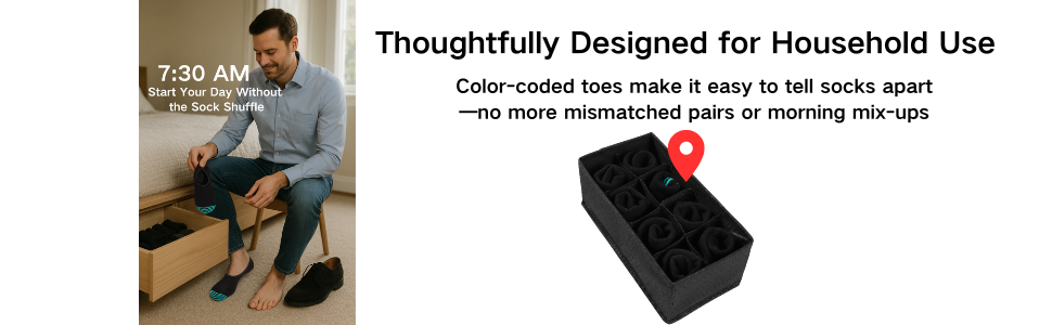 Hicomlor No Show Socks for Men 6 Pack,Non Slip Cotton Low Cut Trainer Socks for Sneaker Loafer Running 10 Organized sock storage system featuring black compartmented box with text about color-coded toes for easy sock pairing.