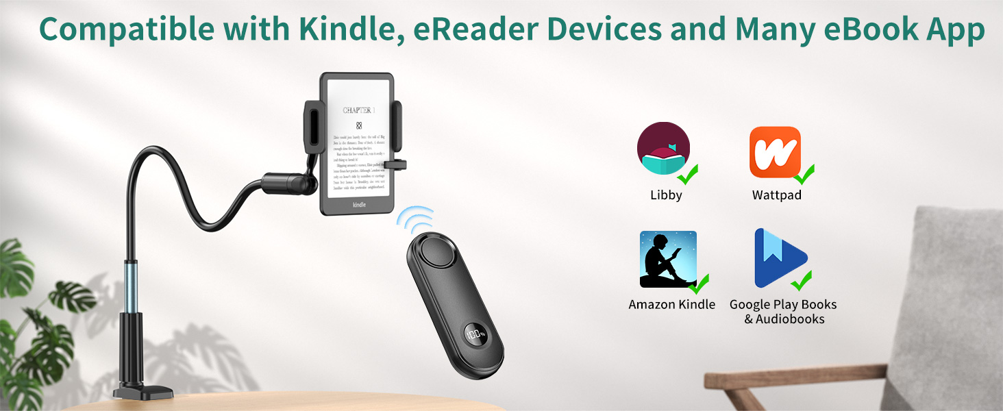 Gooseneck Tablet Holder with Remote Page Turner for Kindle Reading in Bed