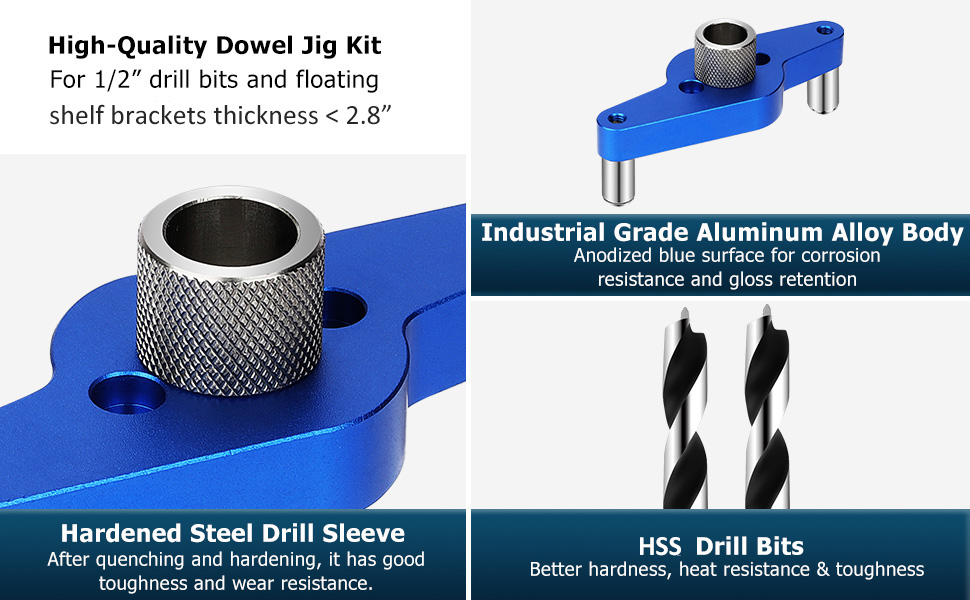 Dowel Jig Kit for Floating Shelf Mount with 1/2" x 9.8'' Drill Bits