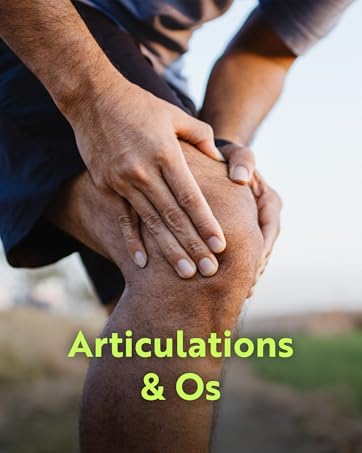 Le texte se lit comme suit : « Articulations & OS ». L'image montre des mains jointes au-dessus d'un genou, ce qui montre un mouvement ou une douleur des articulations.