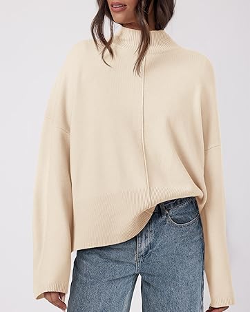 Womens Sweaters Fall 2024 Long Sleeve Ribbed Knit Pullover Loose Mock Neck Lightweight Sweater Tops