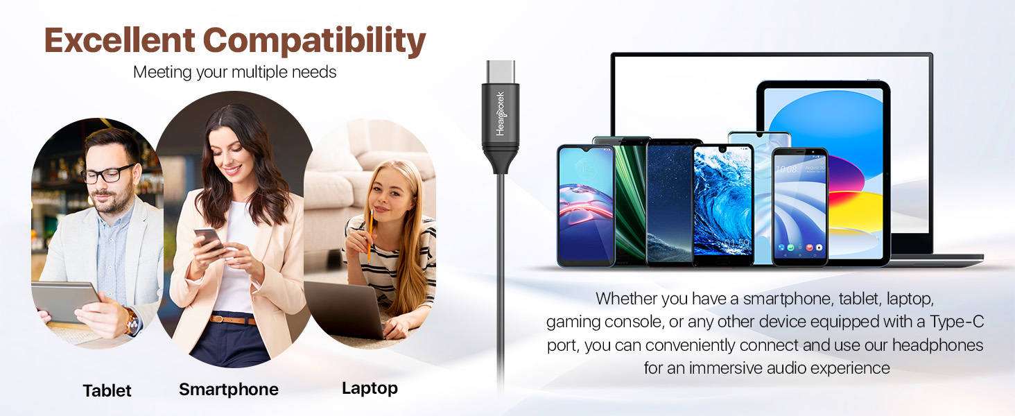 Product compatibility chart showing USB-C cable connecting to various devices including tablets, smartphones, laptops, and monitors.