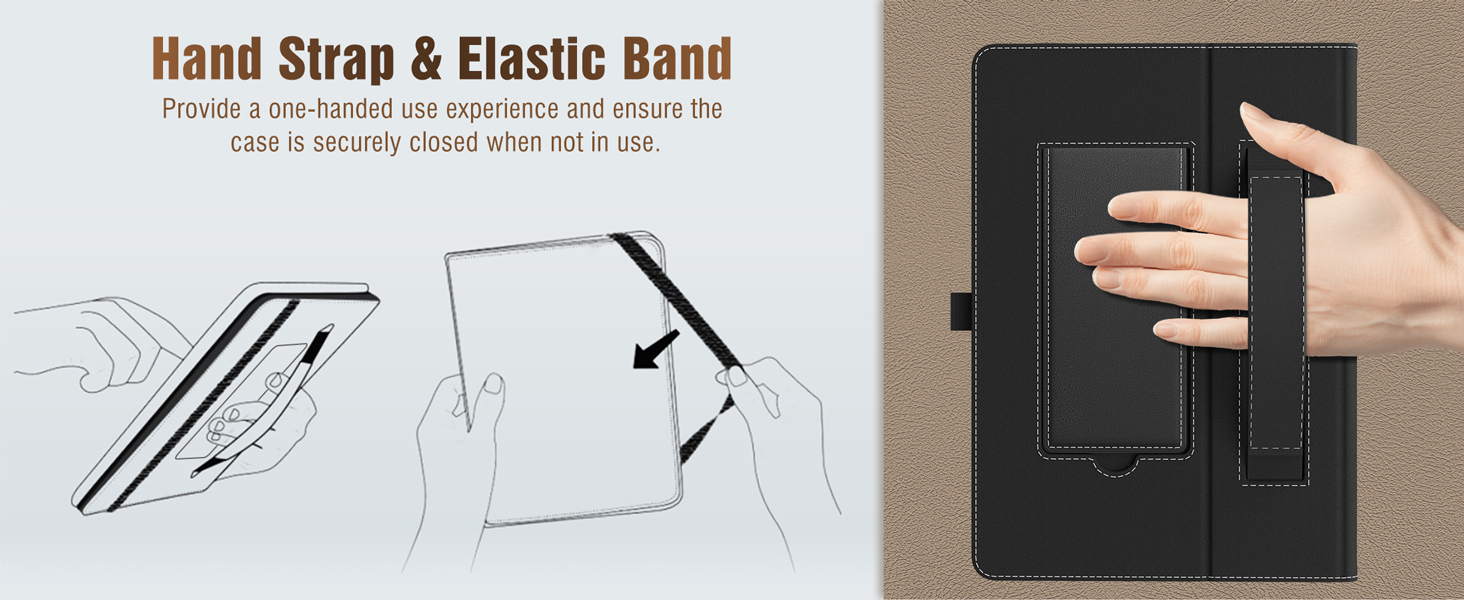 Black tablet case with hand strap and elastic band. Illustrations show strap usage. Photo demonstrates hand holding device securely with strap.