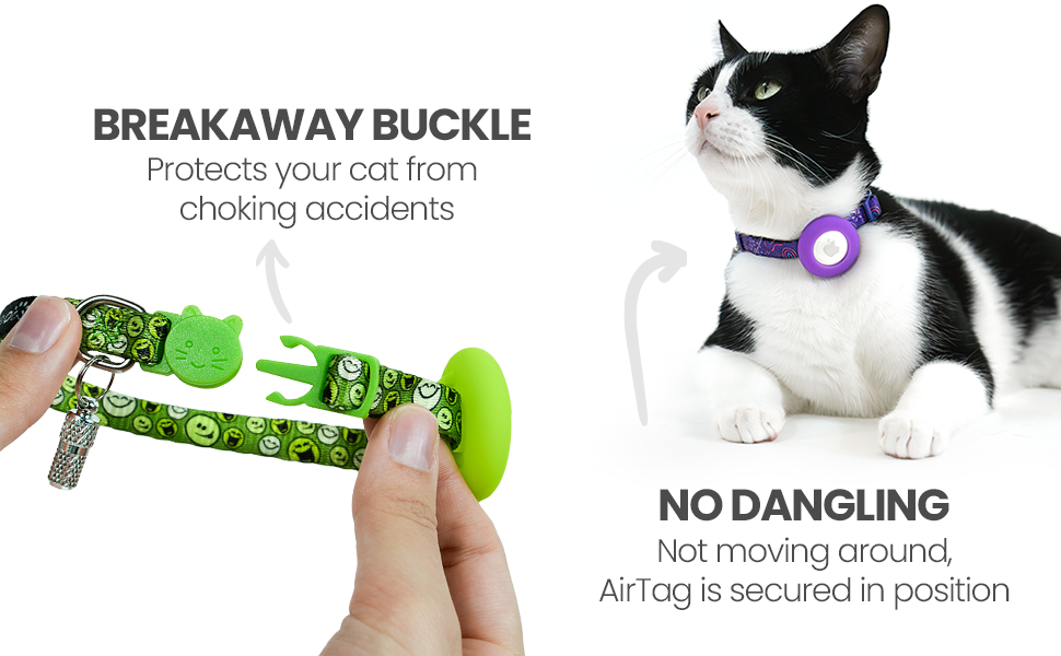 Breakaway buckle, no dangling (Airtag is secured in position)