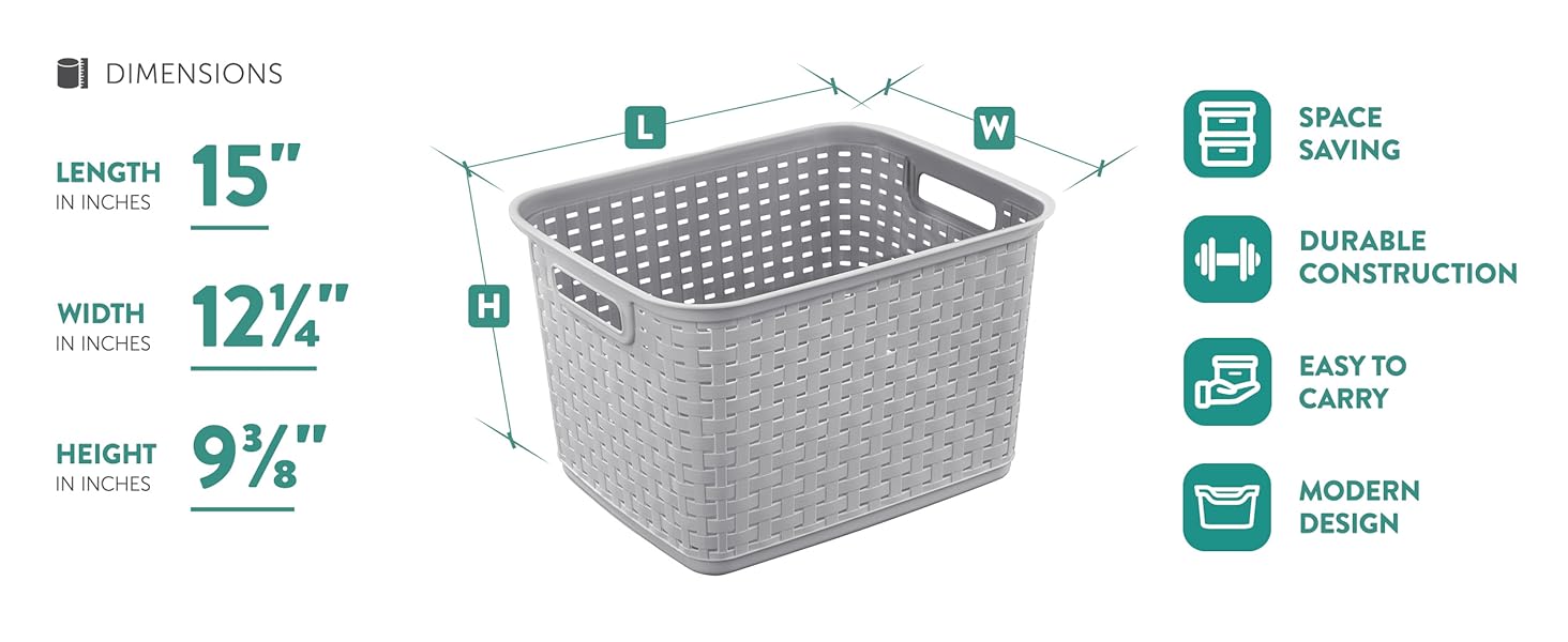 A storage basket with marked dimensions, and icons for its features.