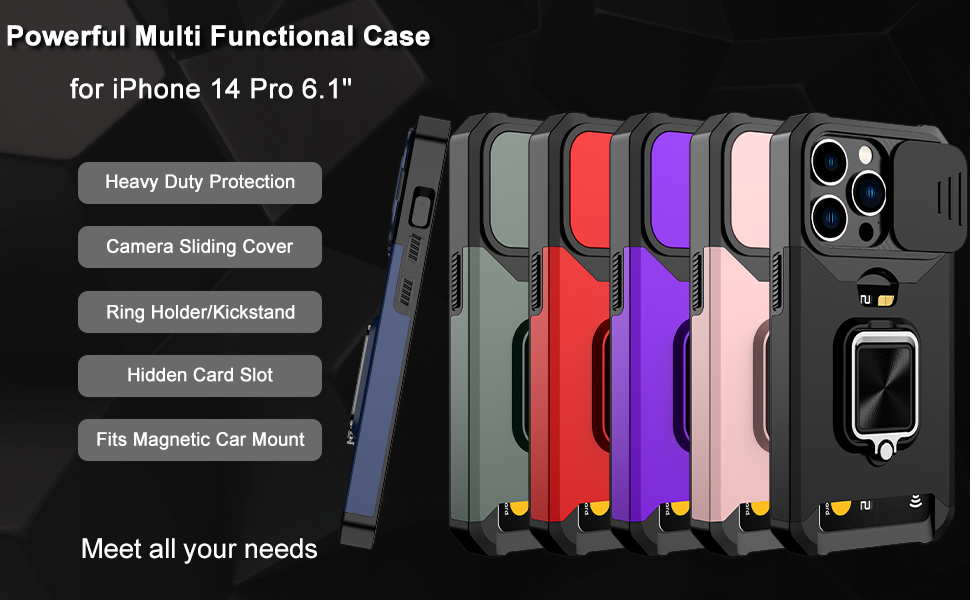 Nvollnoe for iPhone 14 Pro Case with Sliding Camera Cover and Card Holder Heavy Duty