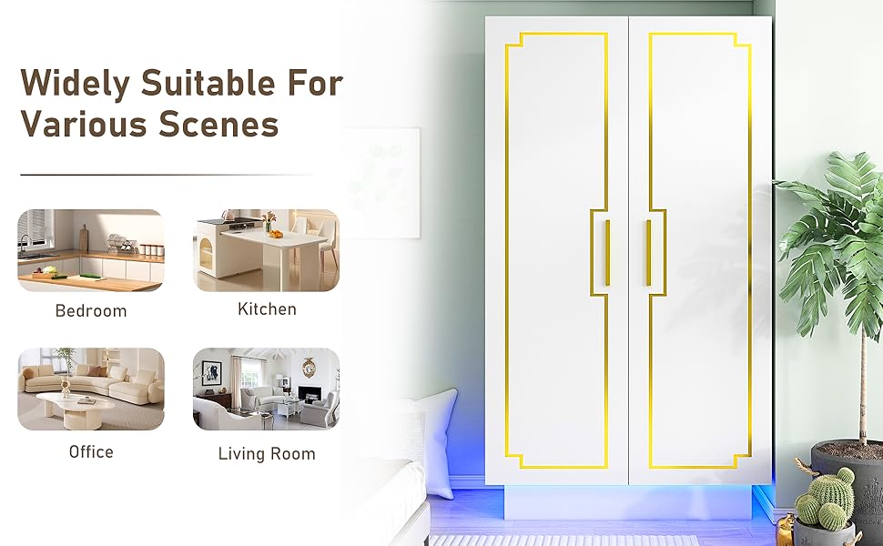 Modern 70in LED 2 Doors Armoires Wardrobe Closet White with Hanging Rod