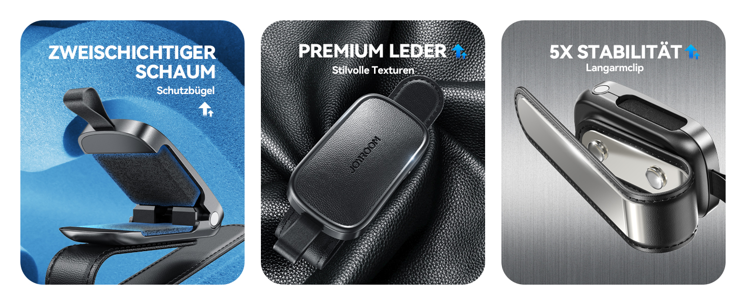 Der Text lautet „ZWEISCHICHTIGER SCHAUM“, „PREMIUM LEDER“, „5X STABILITÄT“. Drei Paneele zeigen Polsterung, Ledermaterial und Stabilitätsdetails.