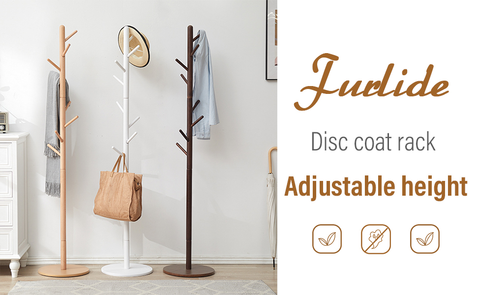 Furlide Wooden Coat Rack Free Standing, Adjustable Coat Rack with 8 Hooks, Wood Tree