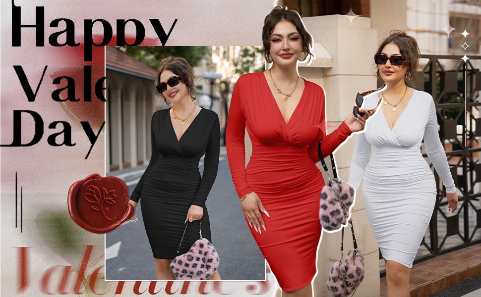 Valentine's Day Women's Sexy Bodycon Long Sleeve Ruched Deep V Neck Solid Party Club Midi Dress
