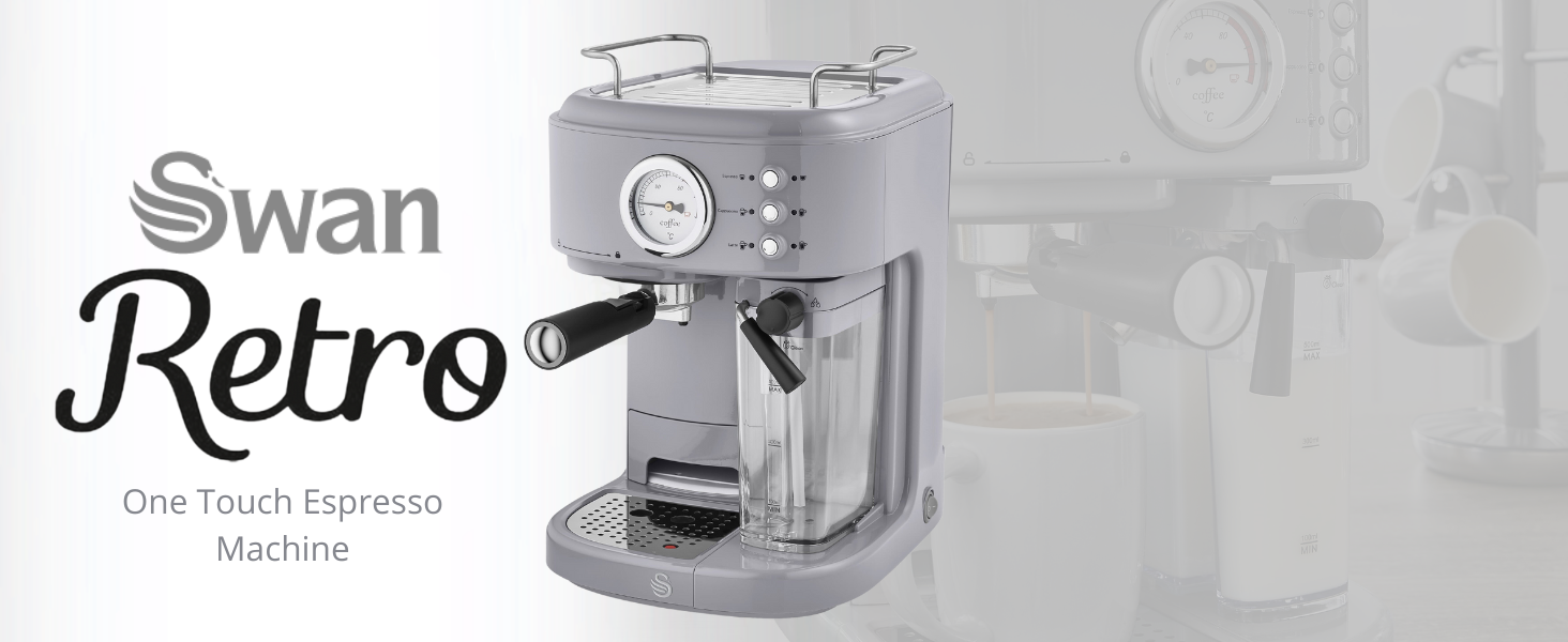 Swan Retro One Touch Espresso Machine, Grey, 15 Bars of Pressure, Milk