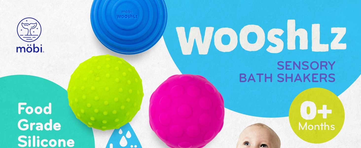 3 colorful sensory bath shakers with a baby in a bath enjoying the toys