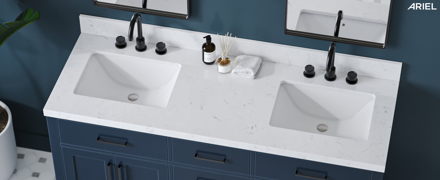 ARIEL 66 inch double bathroom vanity top with sink, 1.5 Inch Thick