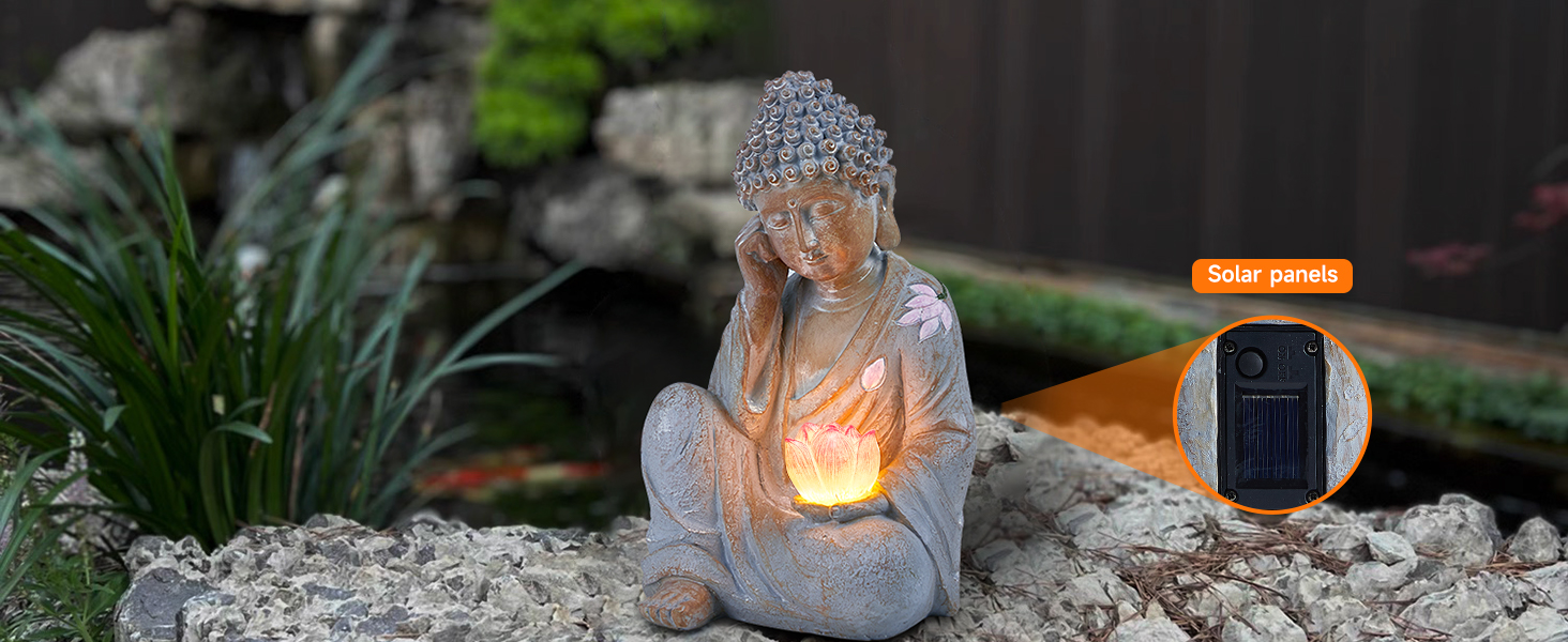 Thumok Solar Buddha Statue Outdoor with Lotus Flower Light