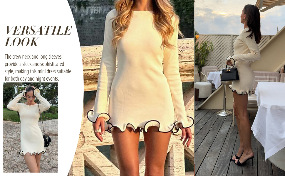 Women Jumper Dress Bodycon Knit Sweater Mini Dress Ruffle Hem Boat Neck
