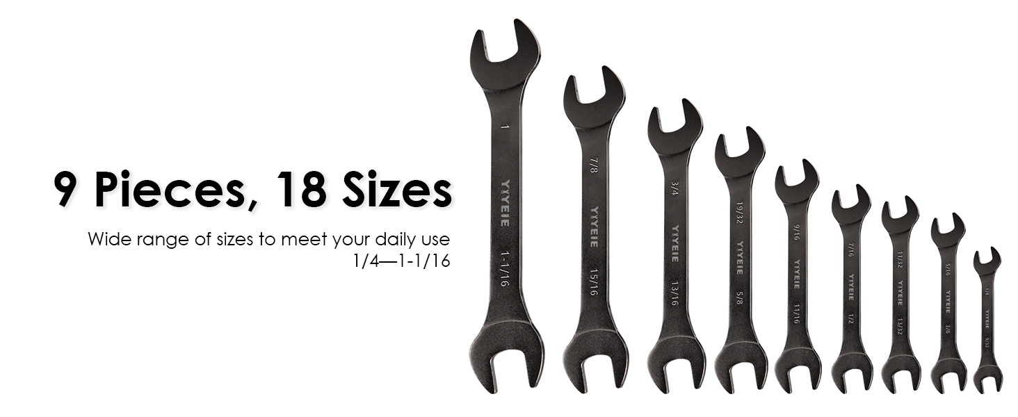 YIYEIE 9pcs SuperThin Open End Wrench Set, SAE 1/4" to 11/16", Nickel