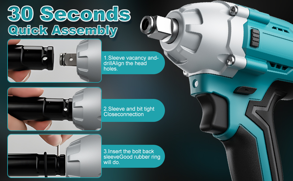 Electric impact driver with quick-change chuck system. Teal and black body. Three-step assembly process shown: inserting bit, tightening sleeve, and securing with rubber ring.