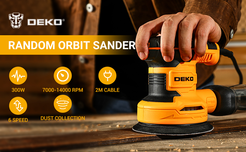 DEKOPRO Random Orbit Sander 2.5A with 16Pcs Sandpapers, 6 Variable