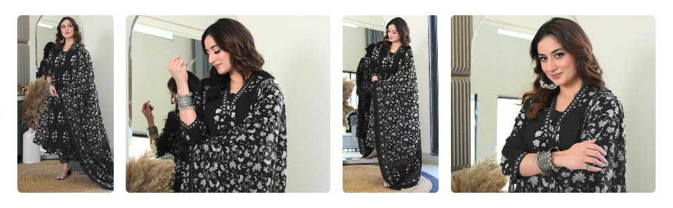 Arayna Women's Pure Cotton Block Printed Ethnic Wear Kurta Set with Palazzo Pants & Dupatta