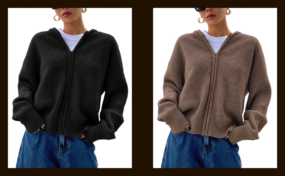 SOLY HUX Women's Zip Up Hooded Cardigan Sweater Knitted Drop