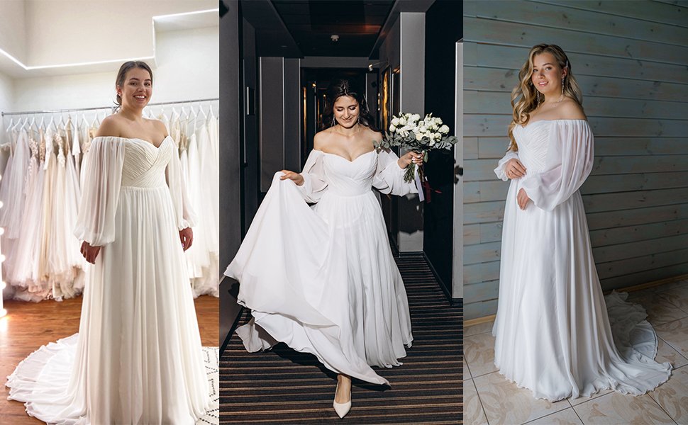 Vestido formal de novia con hombros descubiertos y manga larga 2022-2023