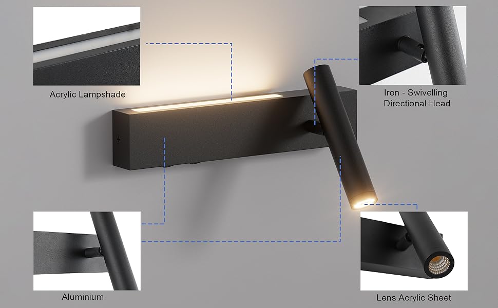 Description Picture 4 of item2 Pieces LED Wall Light Indoor, 3W+3W Wall Light 2 Flames, 3000K Wall Lamp with 2 Switches, Round Wall Spotlight Rotatable Black