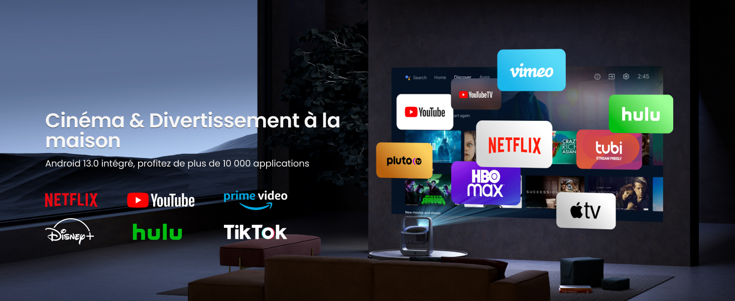 affichant les logos de plusieurs services de streaming, notamment Netflix, Hulu, TikTok et d'autres icônes d'applications de divertissement