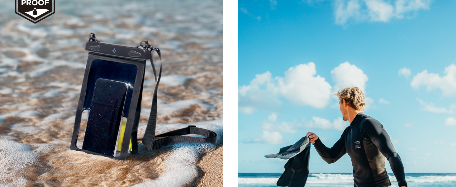 Geteiltes Bild, das ein wasserdichtes Gerät im Sand in der Nähe von Wasser und eine Person im Neoprenanzug am Strand vor blauem Himmelshintergrund zeigt.