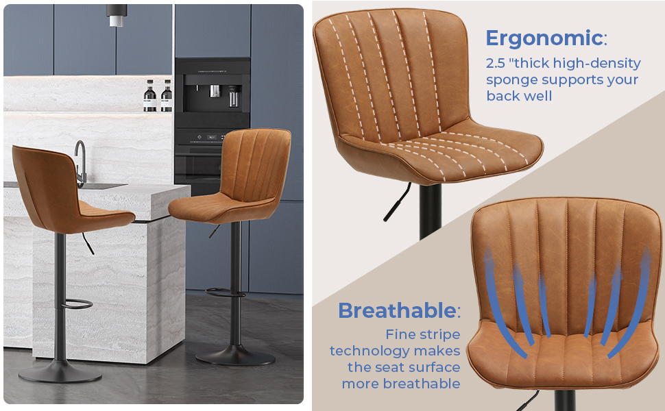 DICTAC Bar Stools Set of 2 Brown Leather, Swivel Bar Chairs