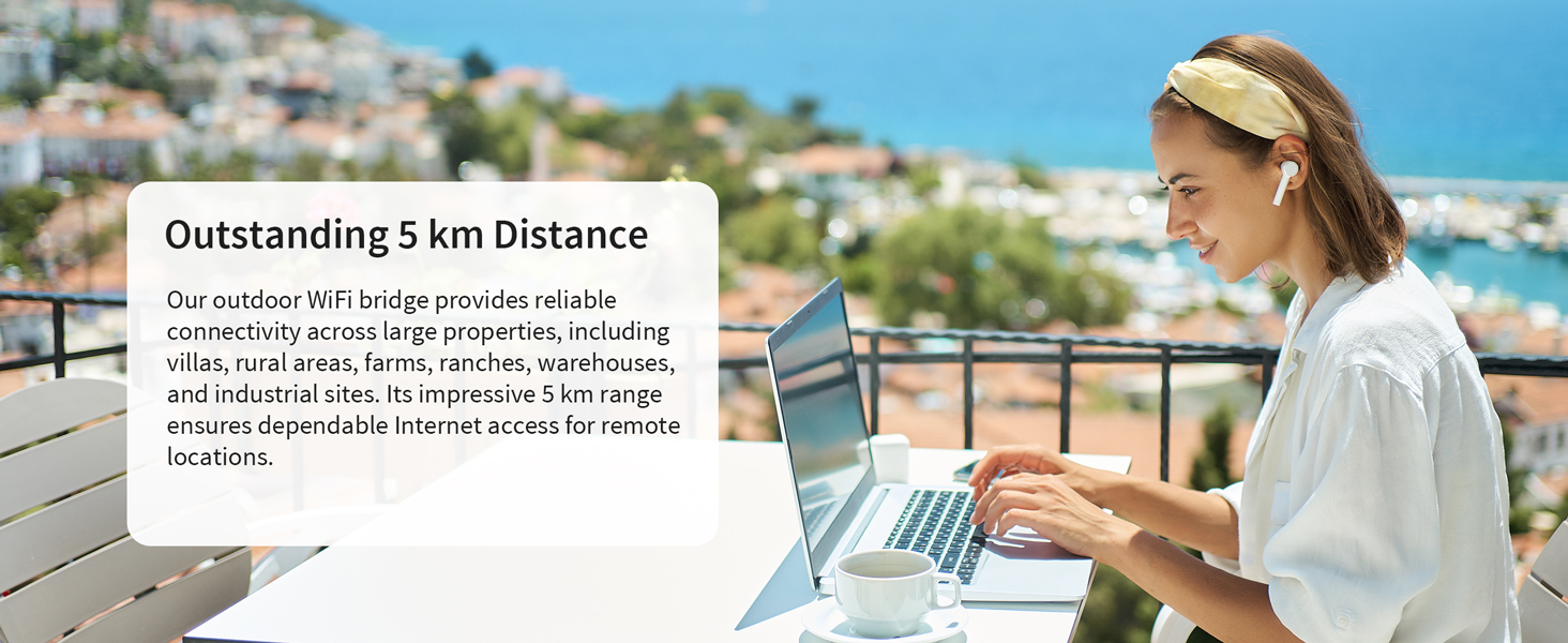 A Woman Working on a Laptop WiFi Bridge Offers Reliable Internet for Rural Area Villa Farm Barn