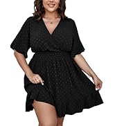SCOMCHIC Plus Size Casual Summer Dress for Women Swiss Dot Wrap V Neck Ruffle Sleeve Smock Boho M...